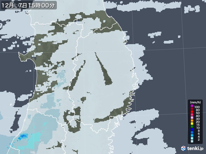 岩手県の雨雲レーダー(2022年12月07日)
