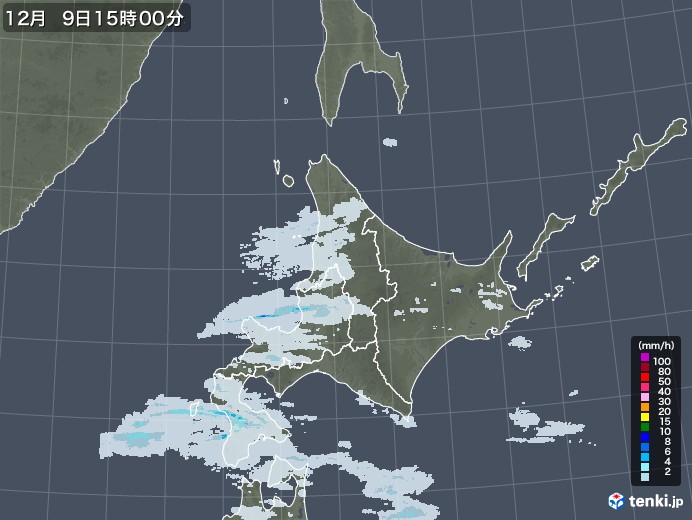 北海道地方の雨雲レーダー(2022年12月09日)