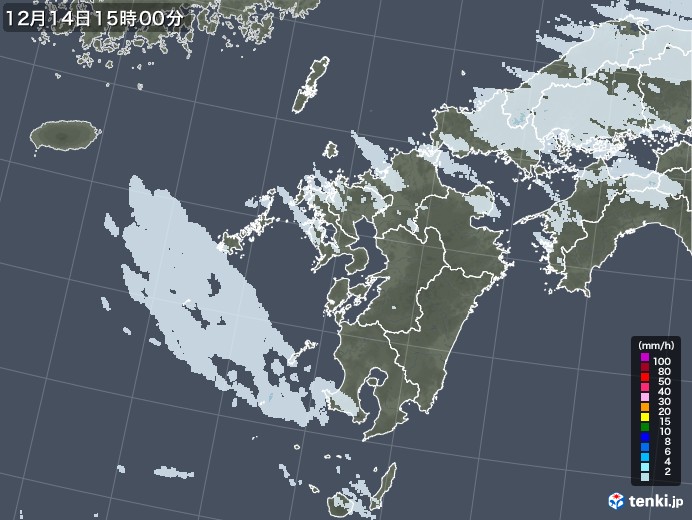 九州地方の雨雲レーダー(2022年12月14日)