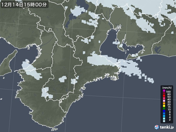 三重県の雨雲レーダー(2022年12月14日)