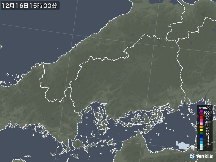広島県の雨雲レーダー(2022年12月16日)