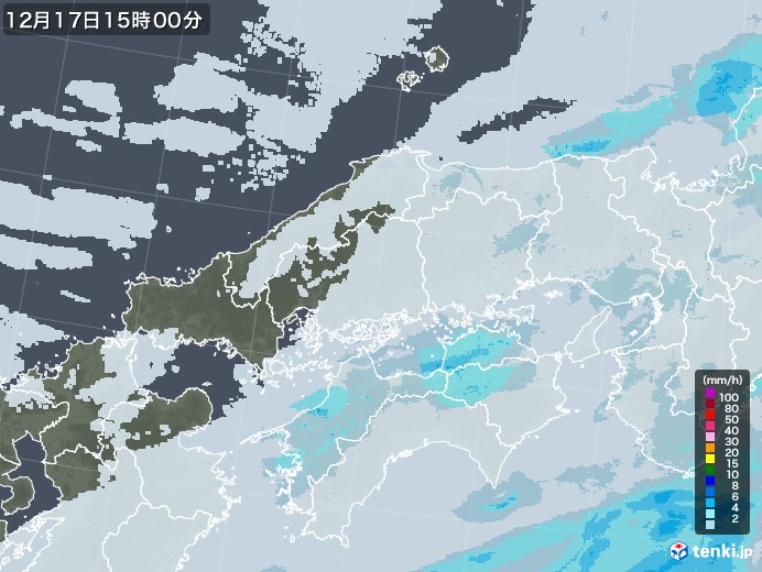 中国地方の雨雲レーダー(2022年12月17日)