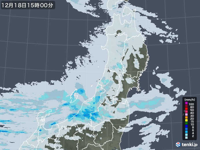 東北地方の雨雲レーダー(2022年12月18日)