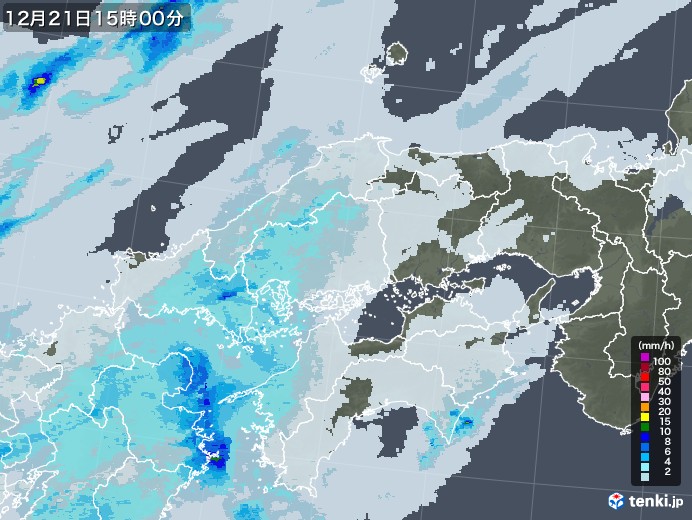 中国地方の雨雲レーダー(2022年12月21日)
