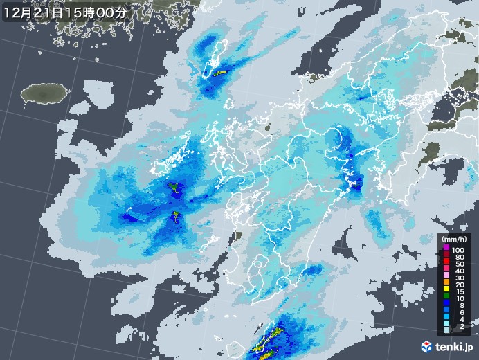 九州地方の雨雲レーダー(2022年12月21日)