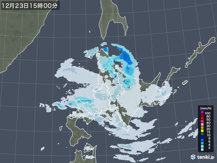 北海道地方の雨雲レーダー(2022年12月23日)