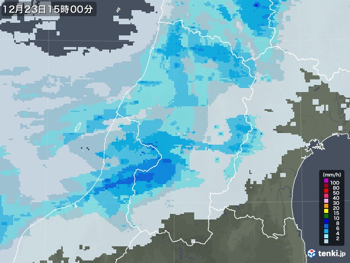 山形県の雨雲レーダー(2022年12月23日)