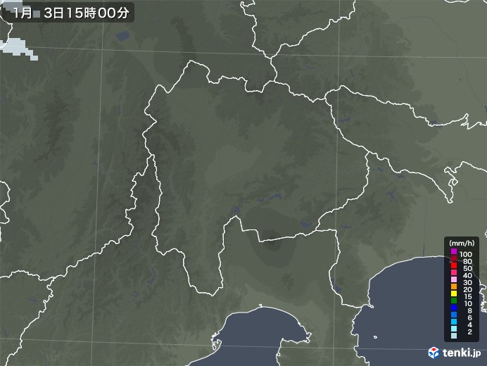 山梨県の雨雲レーダー(2023年01月03日)
