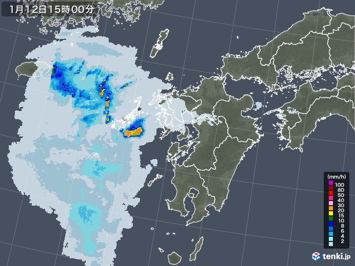 九州地方の雨雲レーダー(2023年01月12日)