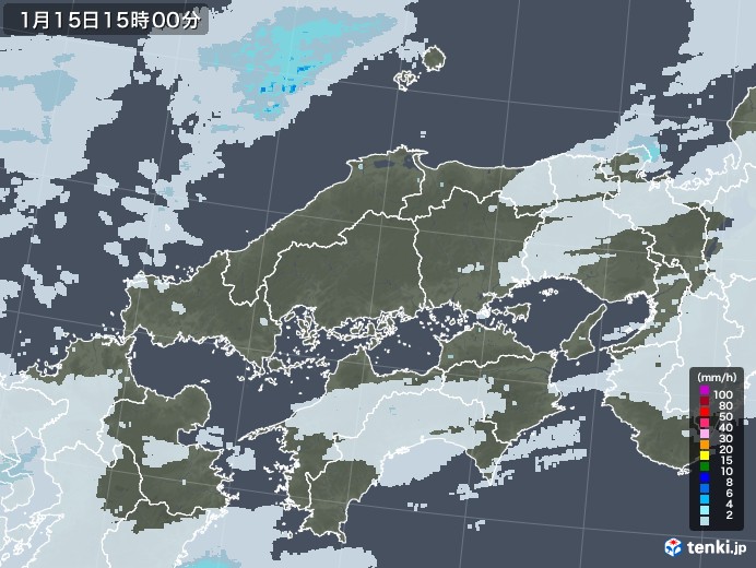 中国地方の雨雲レーダー(2023年01月15日)