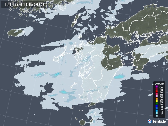 九州地方の雨雲レーダー(2023年01月15日)