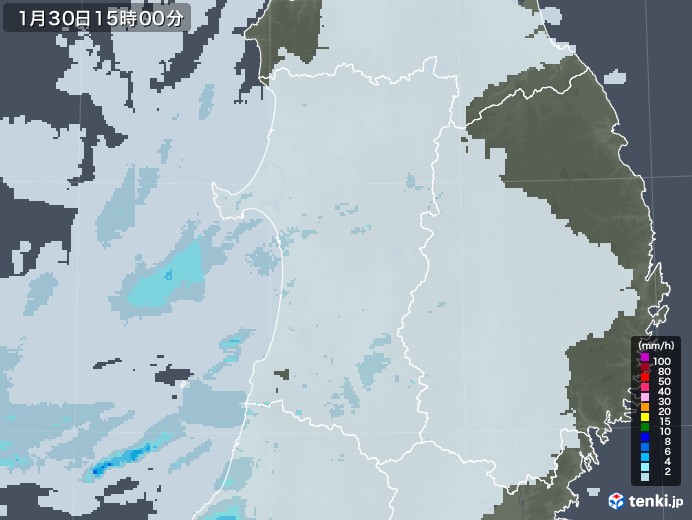 秋田県の雨雲レーダー(2023年01月30日)