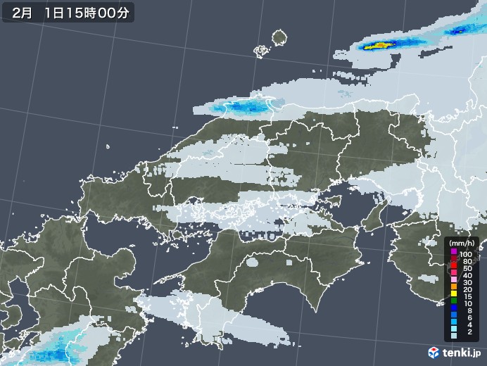 中国地方の雨雲レーダー(2023年02月01日)