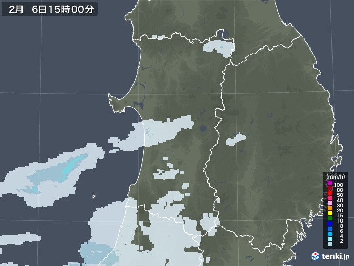 秋田県の雨雲レーダー(2023年02月06日)