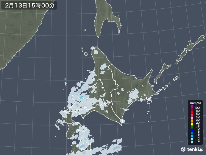 北海道地方の雨雲レーダー(2023年02月13日)