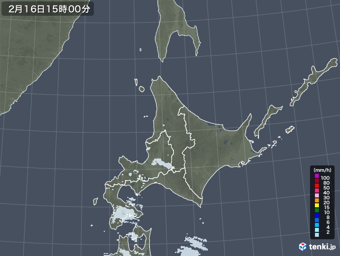 北海道地方の雨雲レーダー(2023年02月16日)