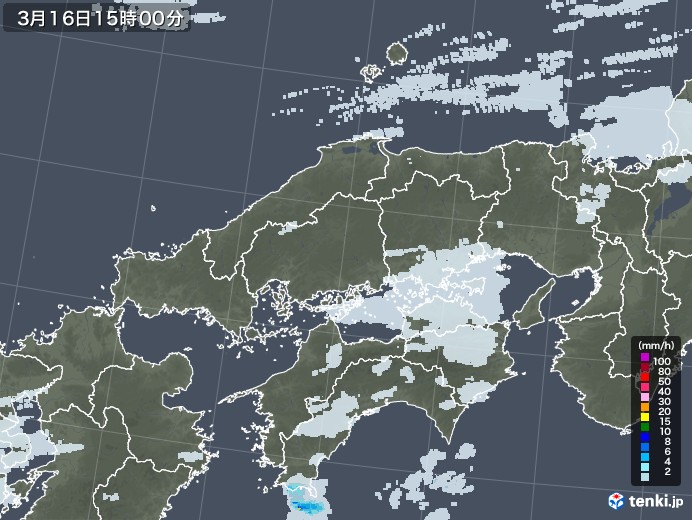 中国地方の雨雲レーダー(2023年03月16日)