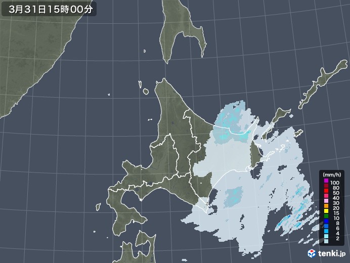 北海道地方の雨雲レーダー(2023年03月31日)
