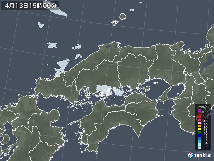 中国地方の雨雲レーダー(2023年04月13日)