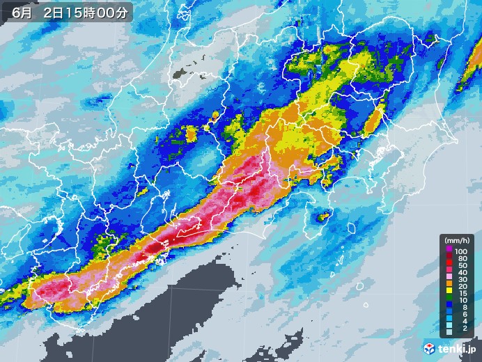 東海地方の雨雲レーダー(2023年06月02日)