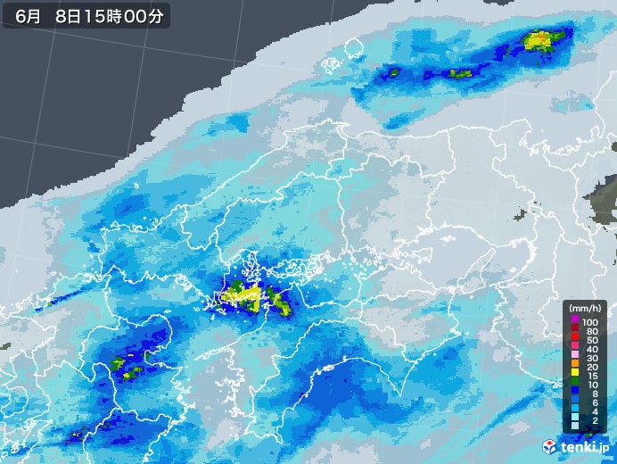中国地方の雨雲レーダー(2023年06月08日)