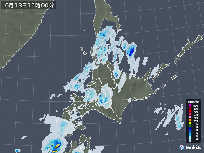 北海道地方の雨雲レーダー(2023年06月13日)