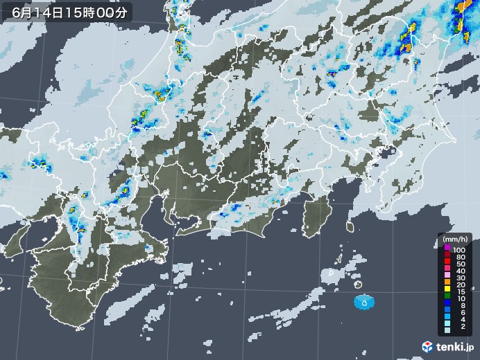 東海地方の雨雲レーダー(2023年06月14日)