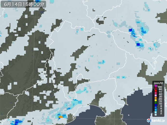 山梨県の雨雲レーダー(2023年06月14日)