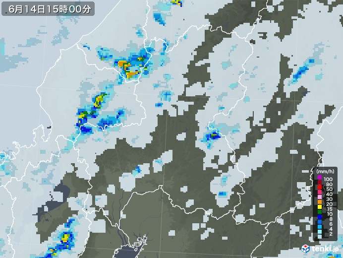 岐阜県の雨雲レーダー(2023年06月14日)