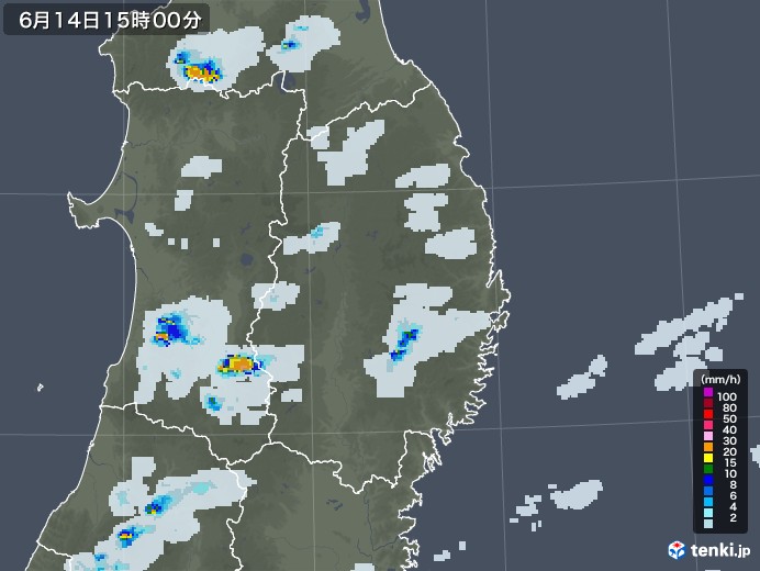 岩手県の雨雲レーダー(2023年06月14日)