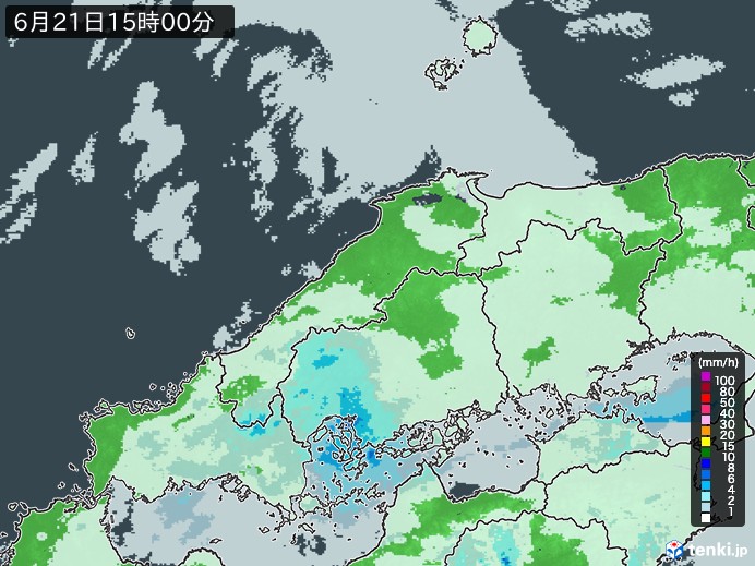 中国地方の雨雲レーダー(2023年06月21日)