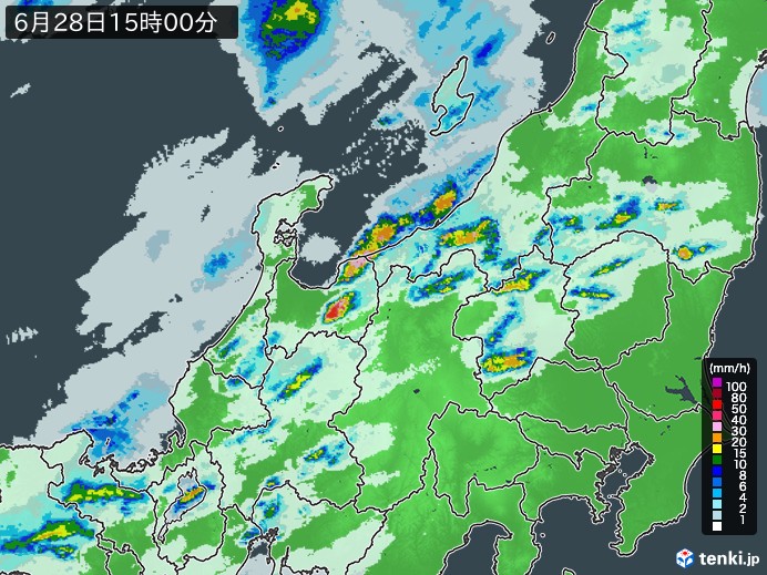 北陸地方の雨雲レーダー(2023年06月28日)