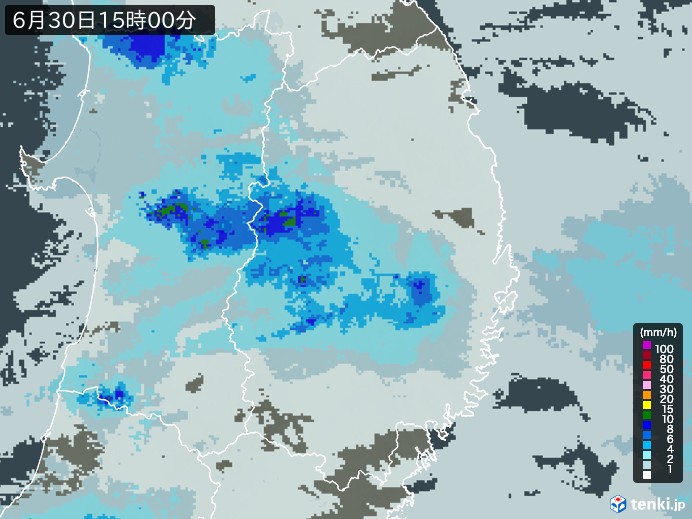 岩手県の雨雲レーダー(2023年06月30日)