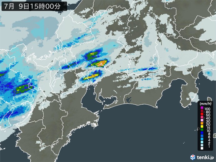 東海地方の雨雲レーダー(2023年07月09日)