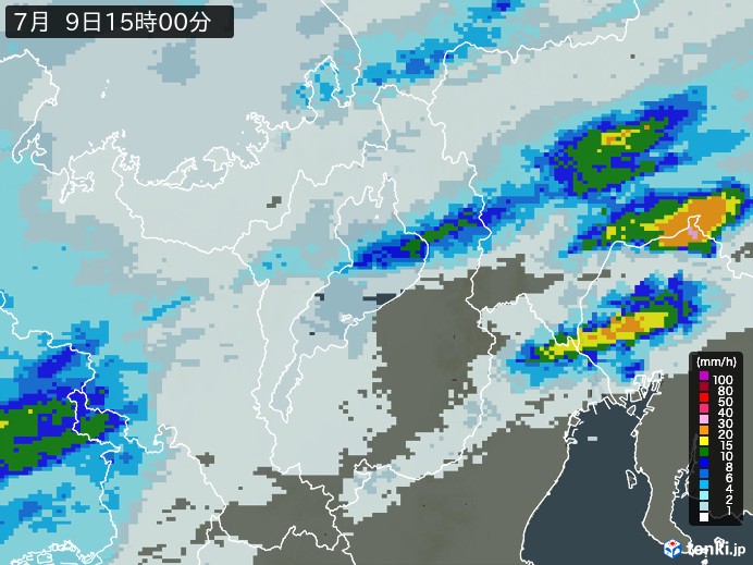 滋賀県の雨雲レーダー(2023年07月09日)