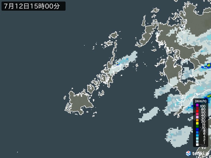 五島列島(長崎県)の雨雲レーダー(2023年07月12日)