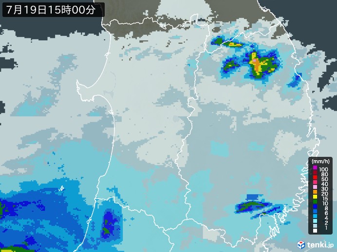 秋田県の雨雲レーダー(2023年07月19日)