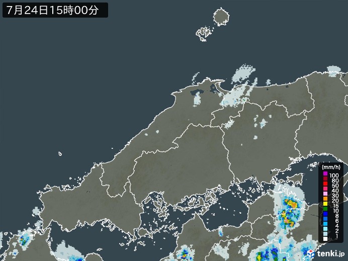 中国地方の雨雲レーダー(2023年07月24日)