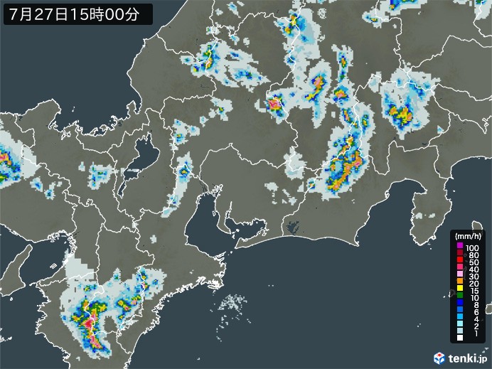 東海地方の雨雲レーダー(2023年07月27日)