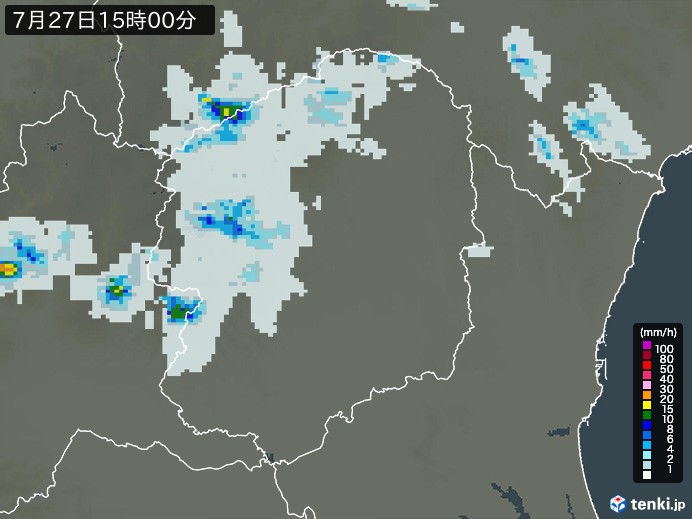 栃木県の雨雲レーダー(2023年07月27日)