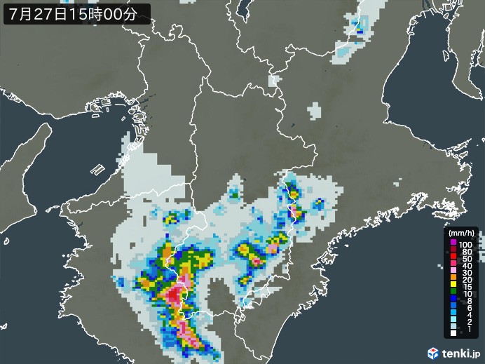 奈良県の雨雲レーダー(2023年07月27日)