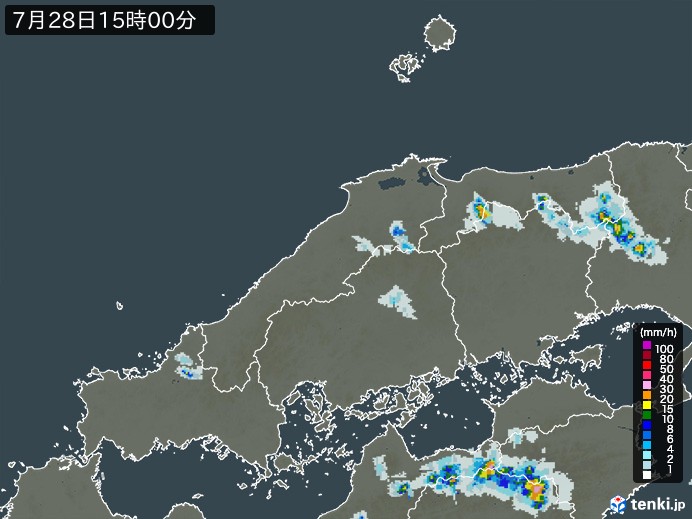 中国地方の雨雲レーダー(2023年07月28日)