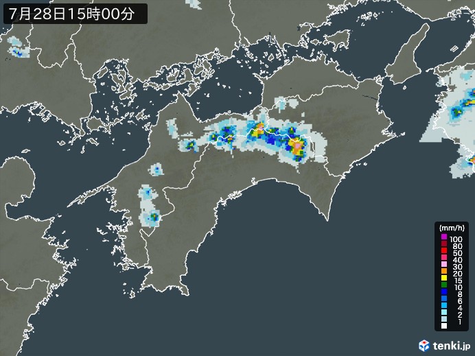 四国地方の雨雲レーダー(2023年07月28日)