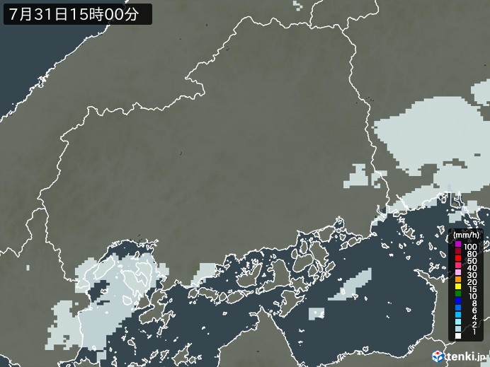 広島県の雨雲レーダー(2023年07月31日)