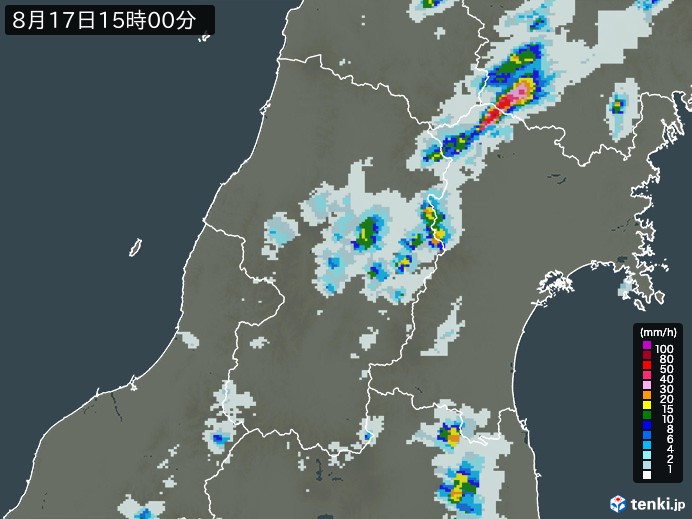 山形県の雨雲レーダー(2023年08月17日)