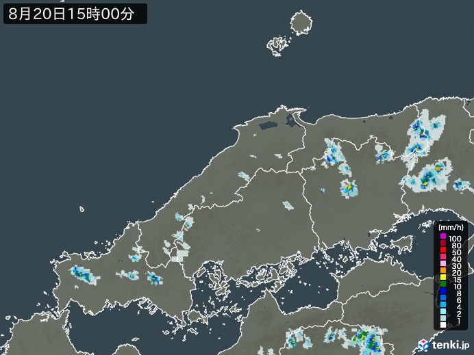 中国地方の雨雲レーダー(2023年08月20日)