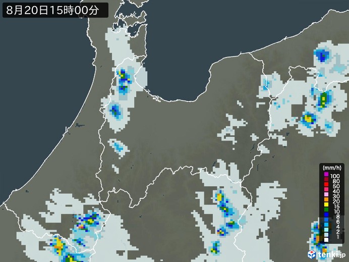 富山県の雨雲レーダー(2023年08月20日)