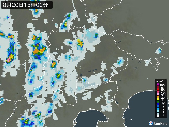 山梨県の雨雲レーダー(2023年08月20日)