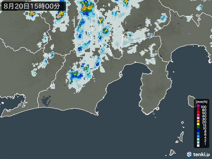 静岡県の雨雲レーダー(2023年08月20日)