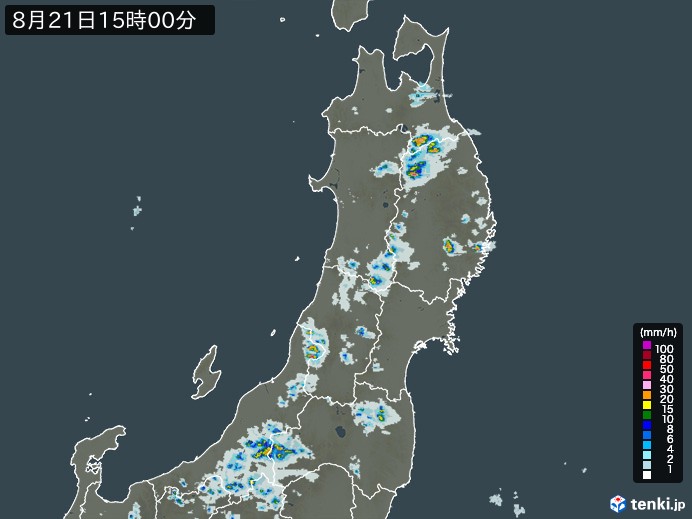 東北地方の雨雲レーダー(2023年08月21日)